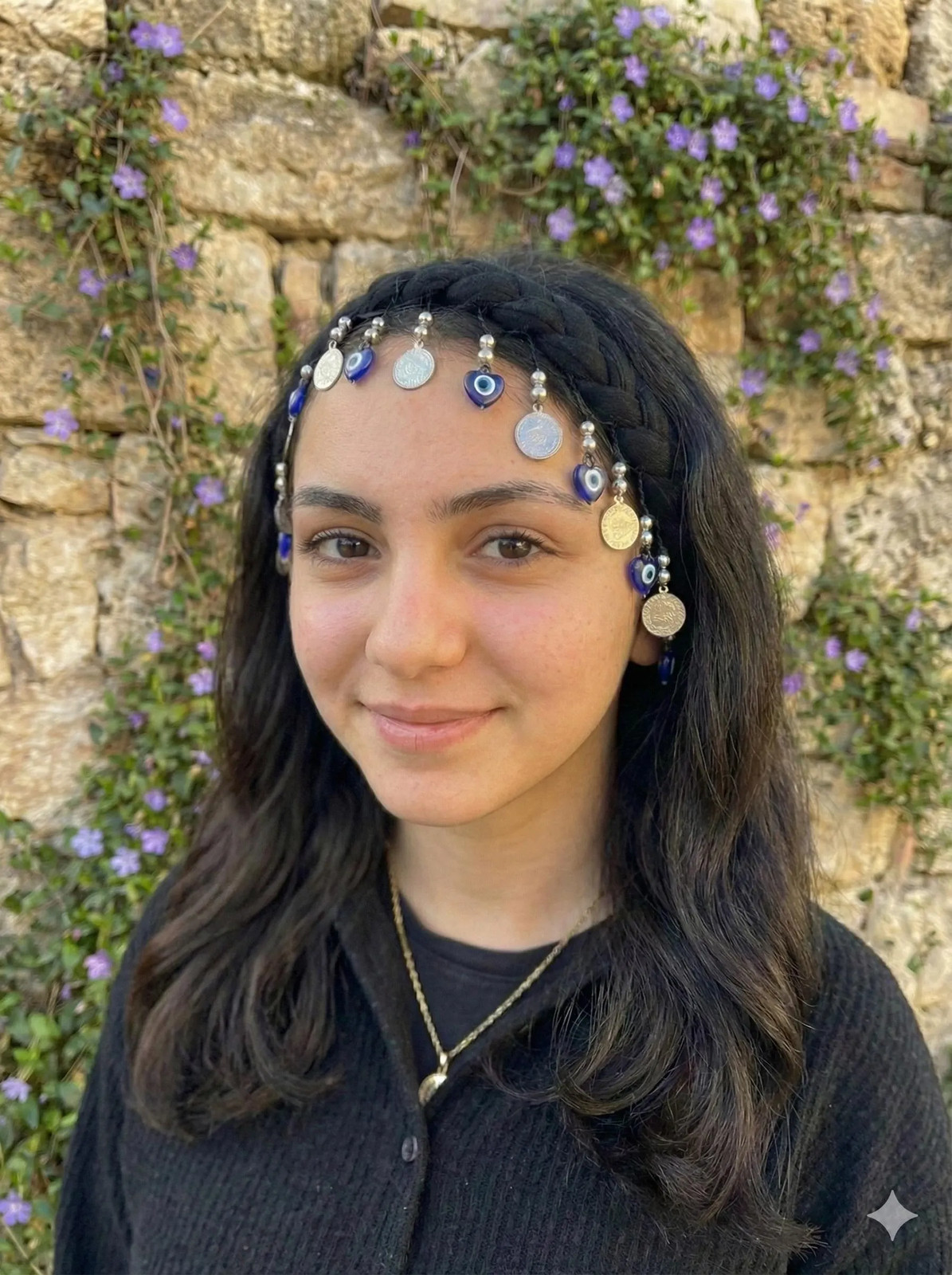 Crochet Edged Bandana Evil Eye Beads Silver Coins Cotton Handmade Unique