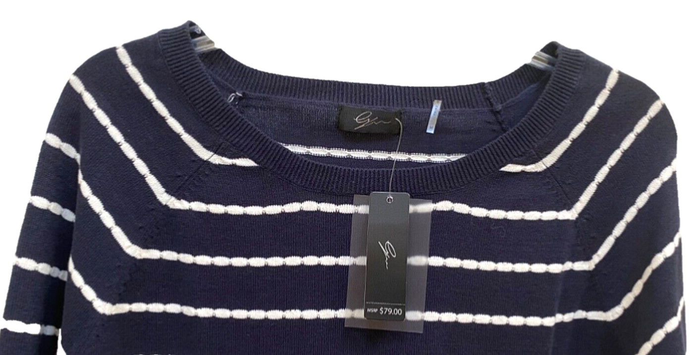 Lynn $79 Women’s M. Pullover Sweater Navy Blue w/White Pearl-Chain /Contrast Hem