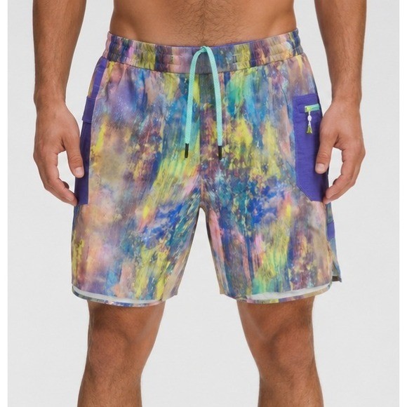 Lululemon Lab Mens Multi Color Abstract Print Cargo Shorts Purple Blue Large