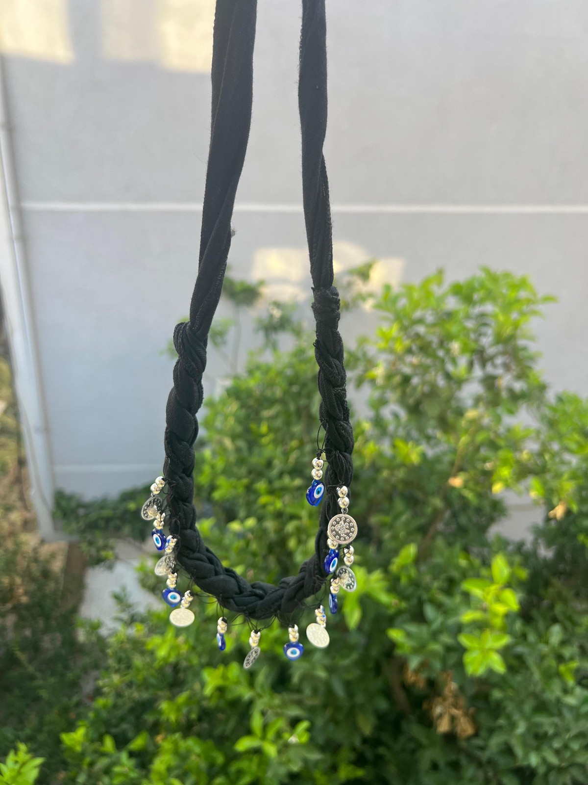 Crochet Edged Bandana Evil Eye Beads Silver Coins Cotton Handmade Unique