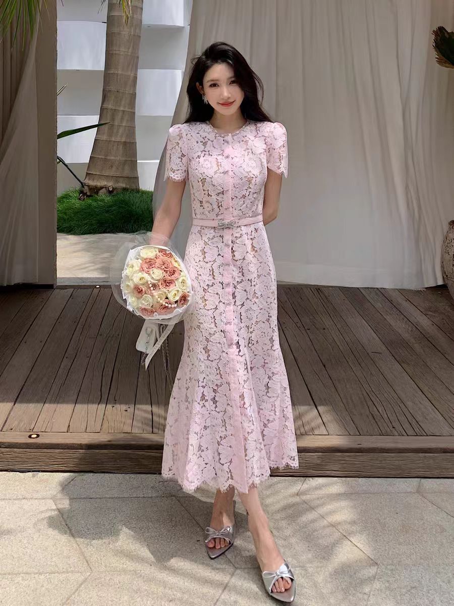 Self-Portrait Bow tie pink Lace Dress Round collar Fishtail evening Dresses
