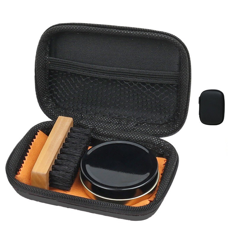 4PCS Leather Shoe Care Travel Kit Shoe Polish Wax Brush Cloth Cleaner Travel Set