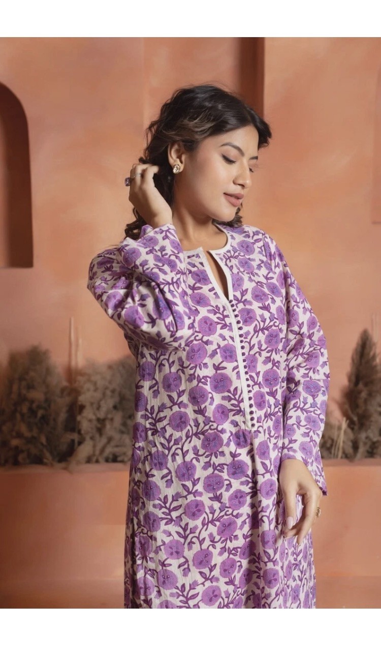 Purple Floral Cotton Co-ord Set, Hand Block Printed Kurta & Pants, Long Sleeve