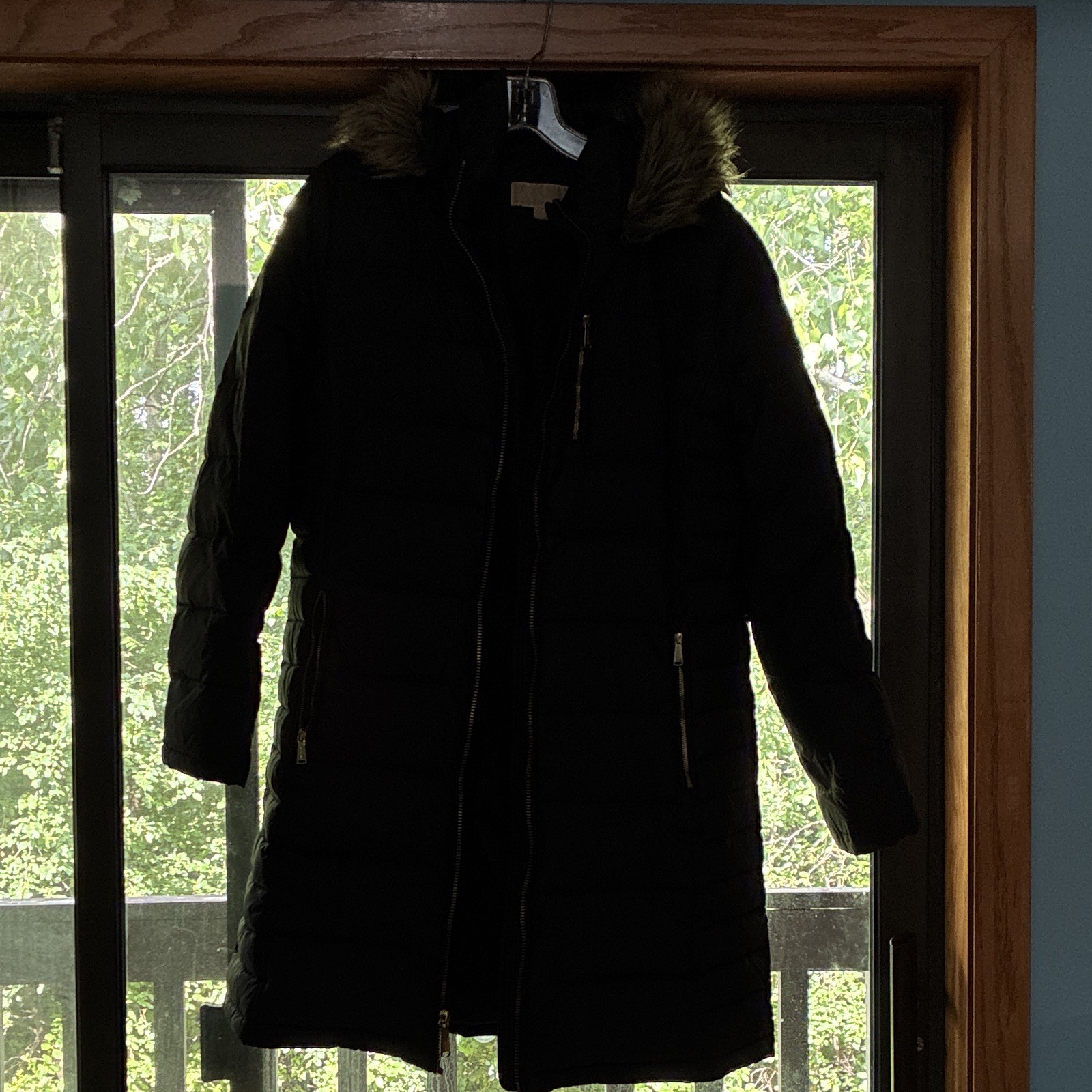 Michael Kors Women’s Black Long Hooded Quilted Puffer Coat Fur Trim