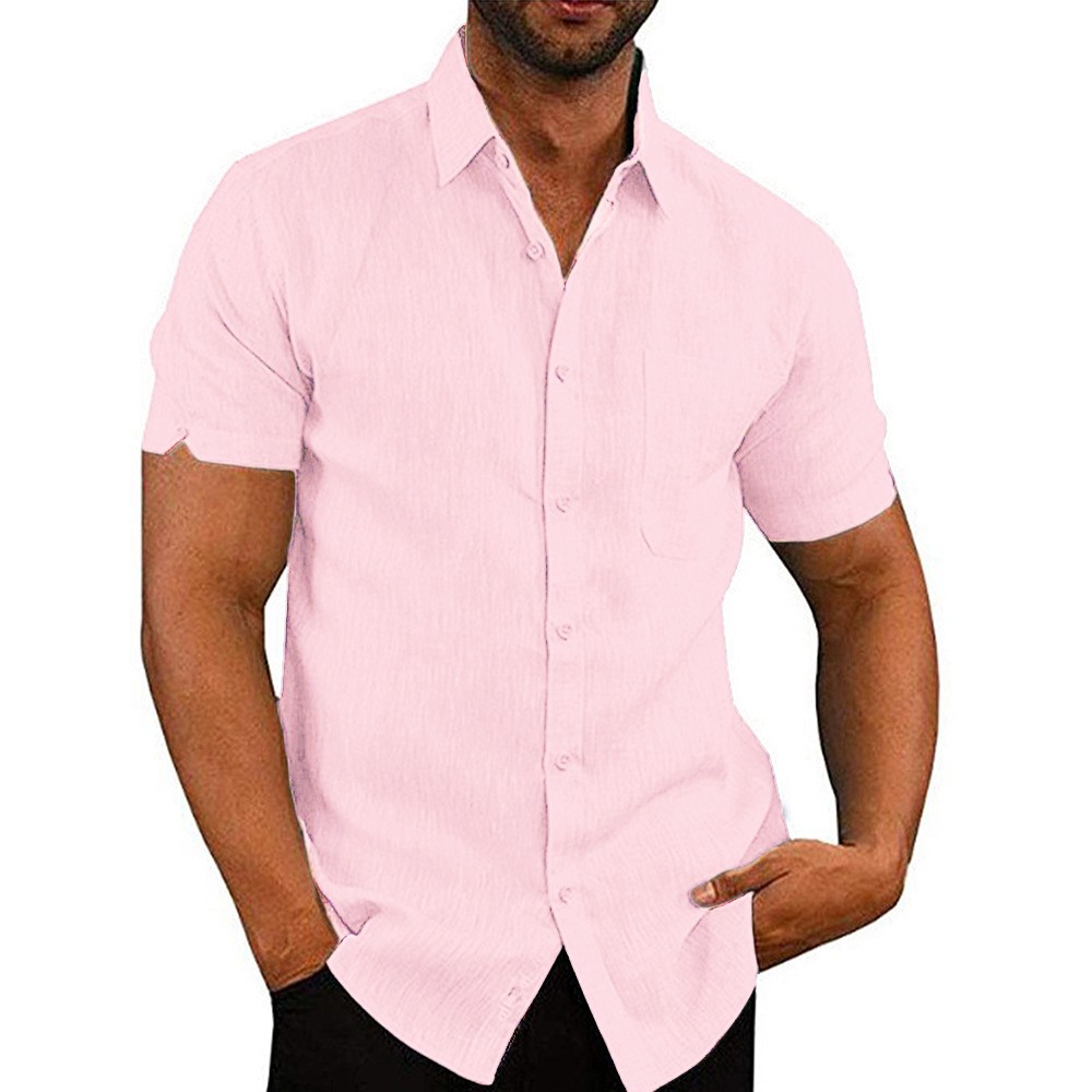 Mens Solid Short Sleeve Button Turn Down Collar Casual Blouse Casual T-shirt Top
