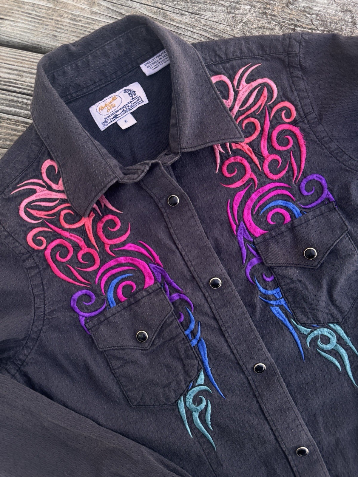 Panhandle Slim Embroidered Western Women’s Snap Button Shirt Small Charcoal Grey