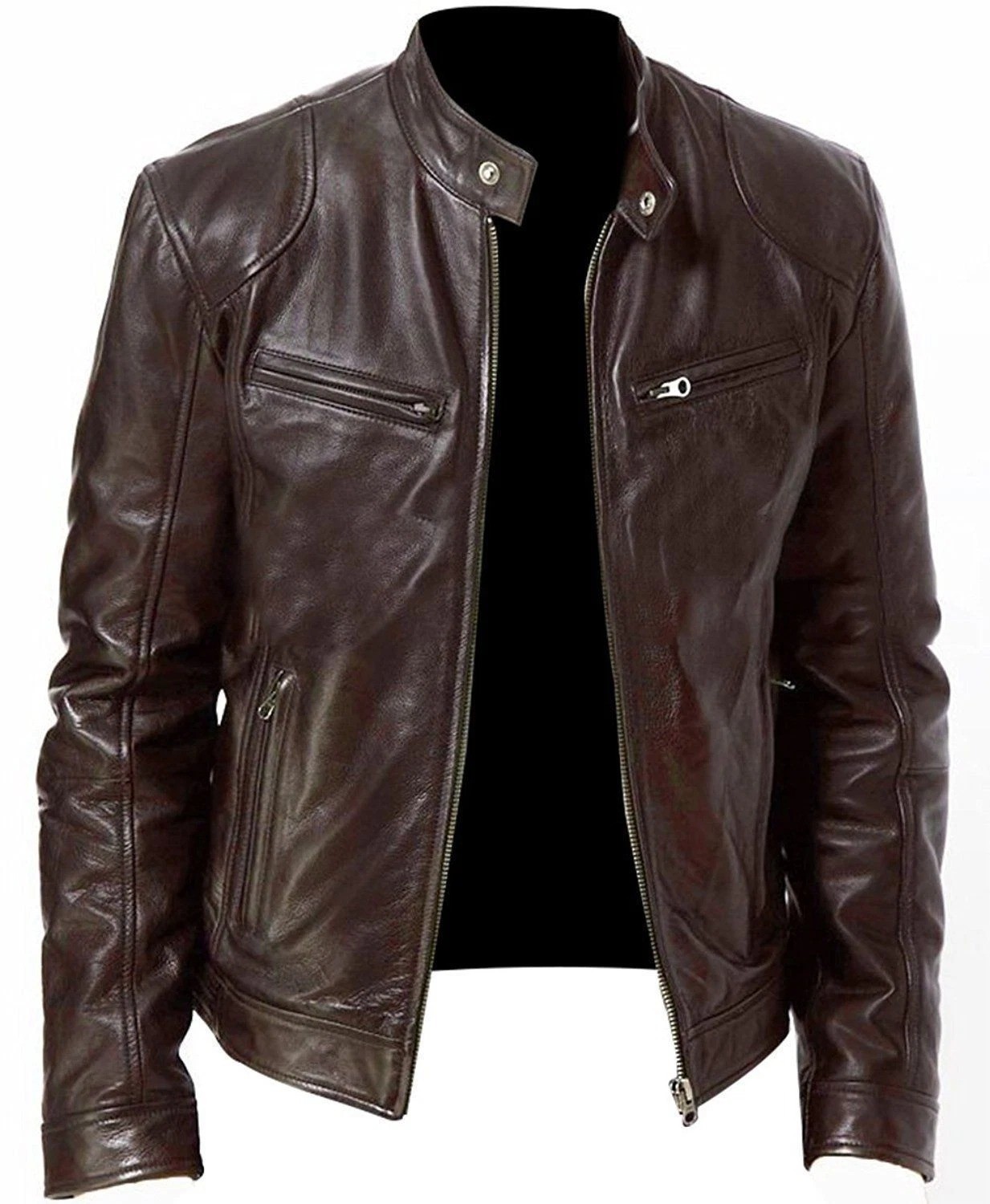 Black & Brown Soft Sheep Skin Leather Cafe Racer Biker Leather Jacket