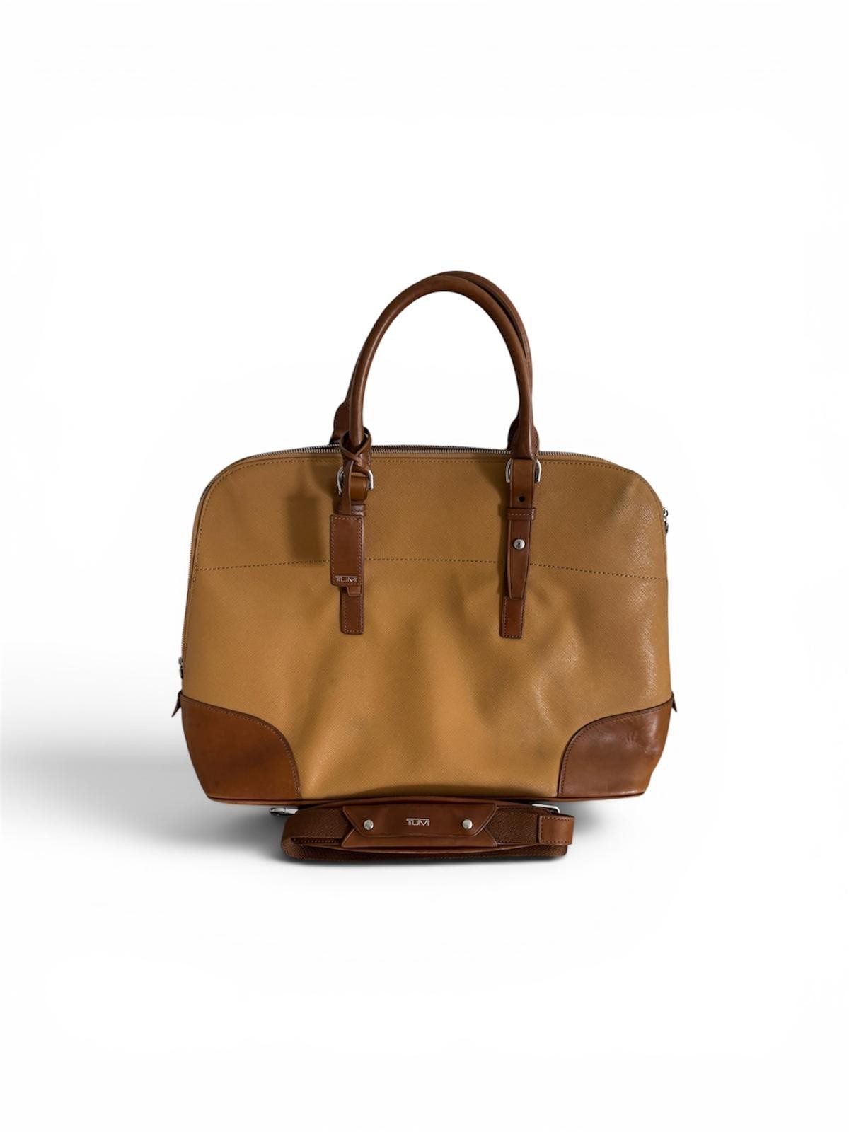 TUMI Sinclair Tegan Canvas Leather Laptop Tote Bag Natural Saddle Tan