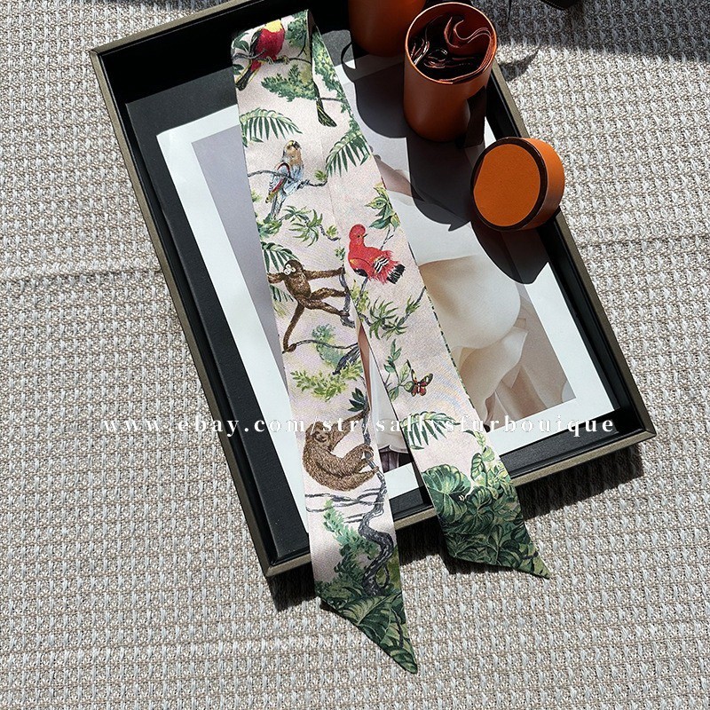 Sallys 100% Twill Silk Scarf Ribbon Jungle Print Bag Head Band Neck Tie 85x5cm