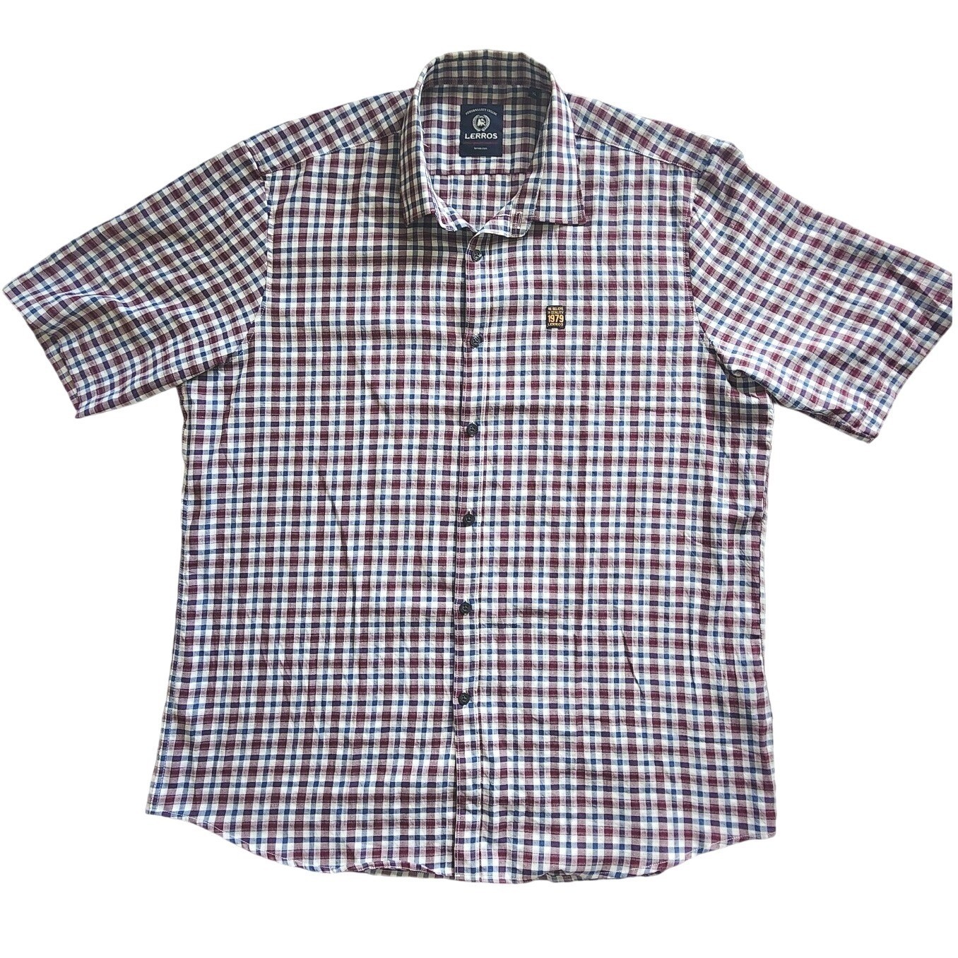 Lerros Mens Short Sleeve Plaid Button Down Shirt Burgundy Navy 100% Cotton XL
