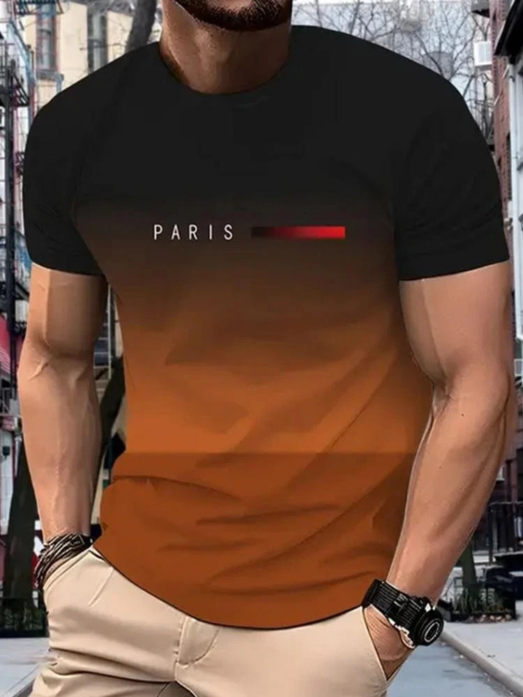 Men’s Vintage Gradient Print Casual Tee Shirt Breathable Polyester O-Neck