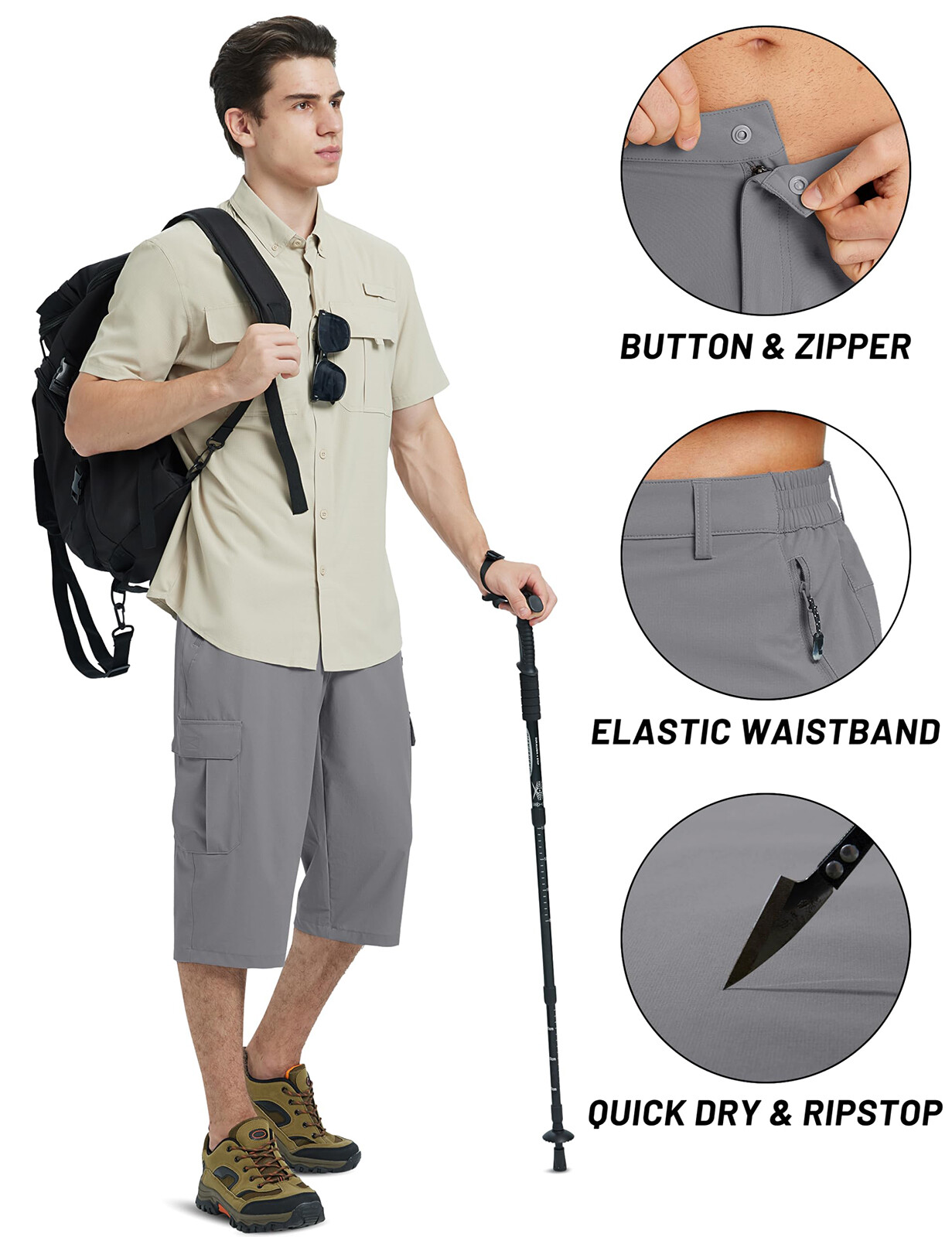 Mens Capri Pants Cargo Long Shorts Quick Drying Lightweight 3/4 Below Knee Pants