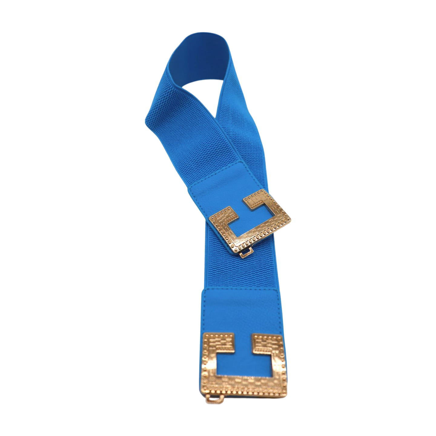 Women Blue Elastic Wide Fashion Belt Hip High Waist Gold Metal C Buckle Size S M