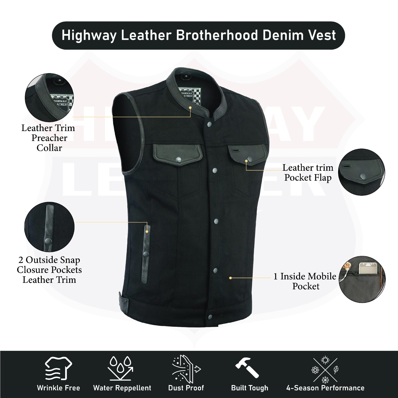 Biker Denim Club Style Anarchy Vest with Conceal Carry Gun Pocket SKU HL21689