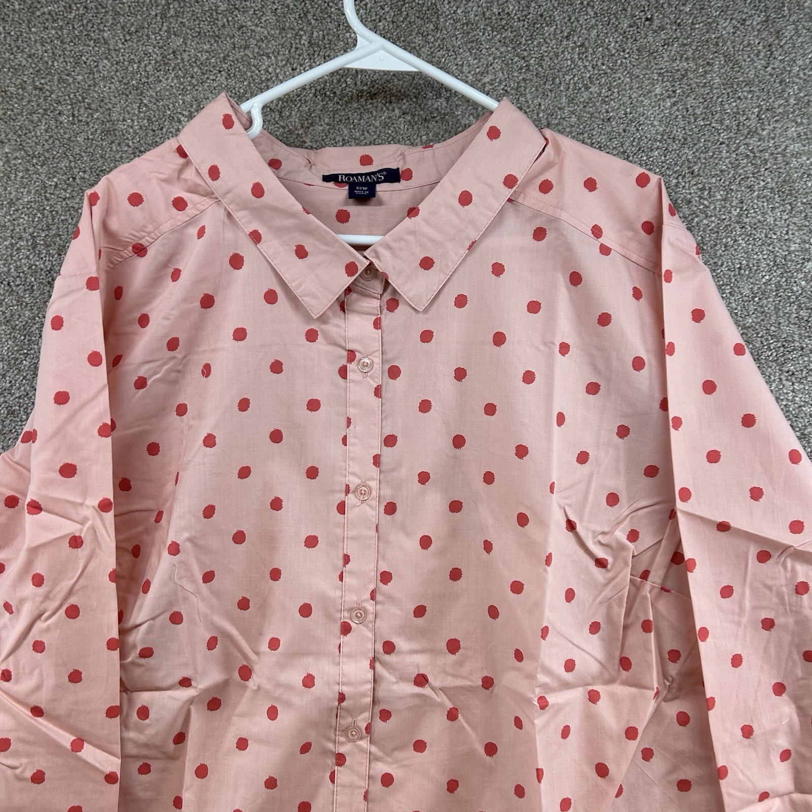 NWOT Roman’s Women’s Button Front Shirt Size 32W Pink Red Polka Dot Blouse Plus