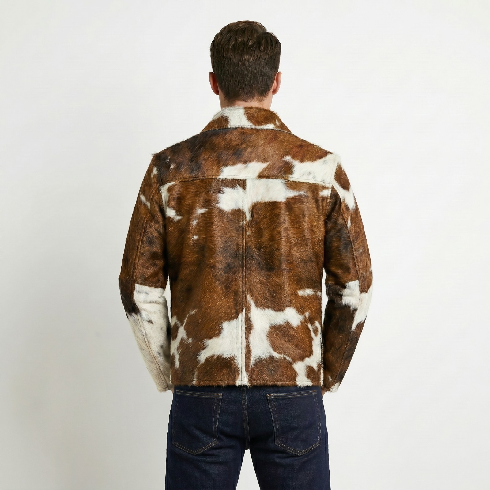 Mens Real Cowhide Leather Jacket Hair on Hide Cow Print Western Cafe Racer Coat