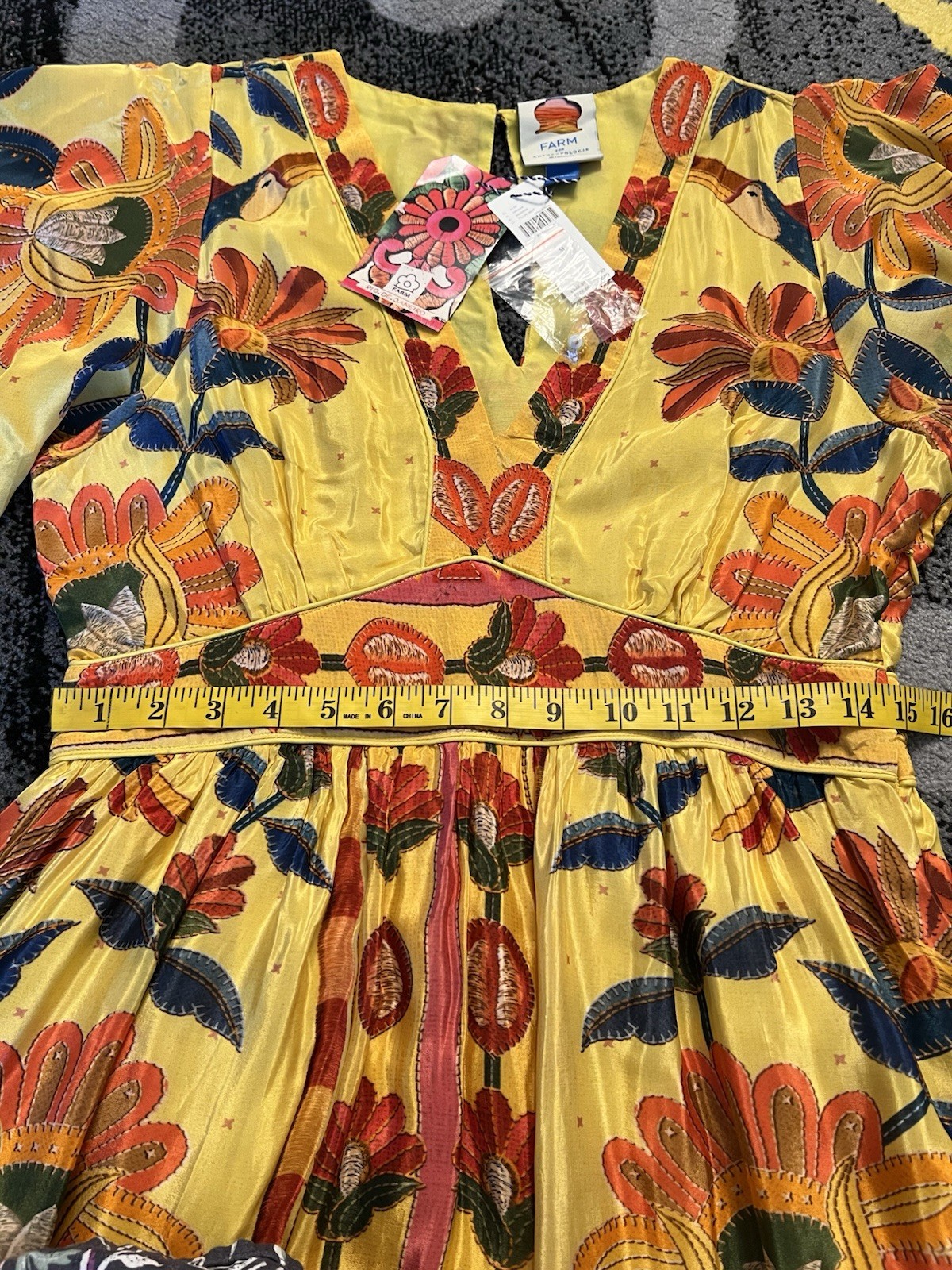 FARM Rio For Anthropologie Yellow Tropical Print Satin Like Fabric Maxi Dress M