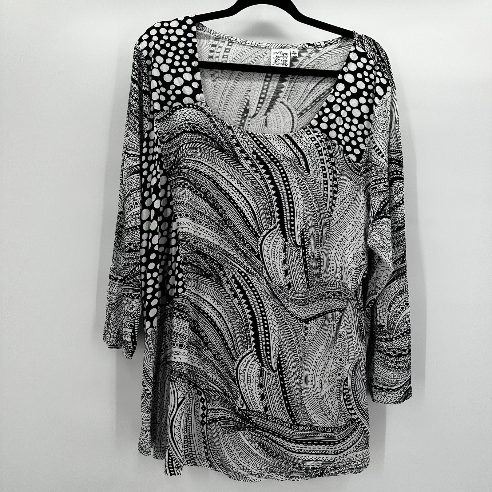 Parsley Sage Shirt Top Womens 2X Black White Tunic Art to Wear Stretch