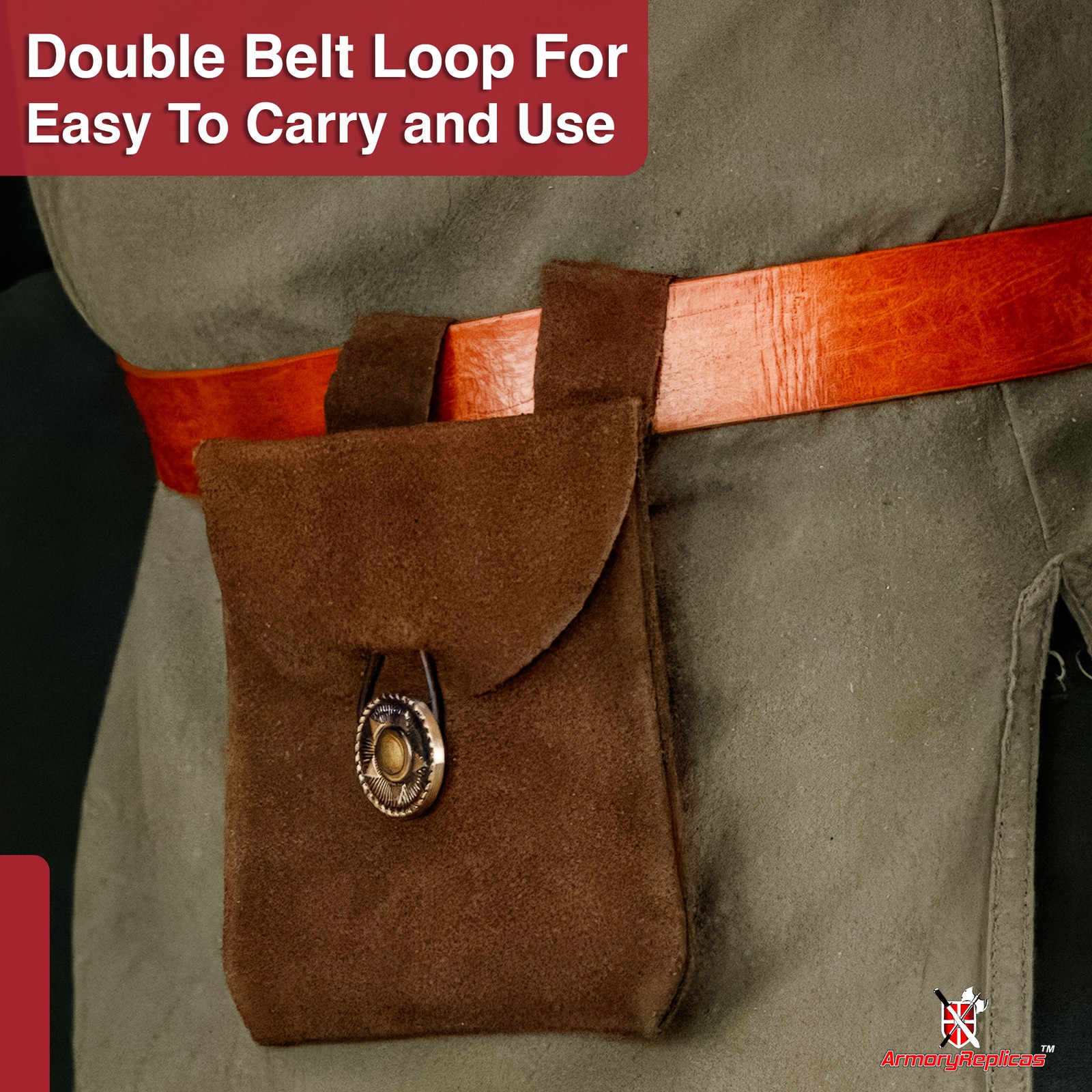 Medieval Renaissance Leather Brown Suede Coin Belt Pouch with Brass Accents