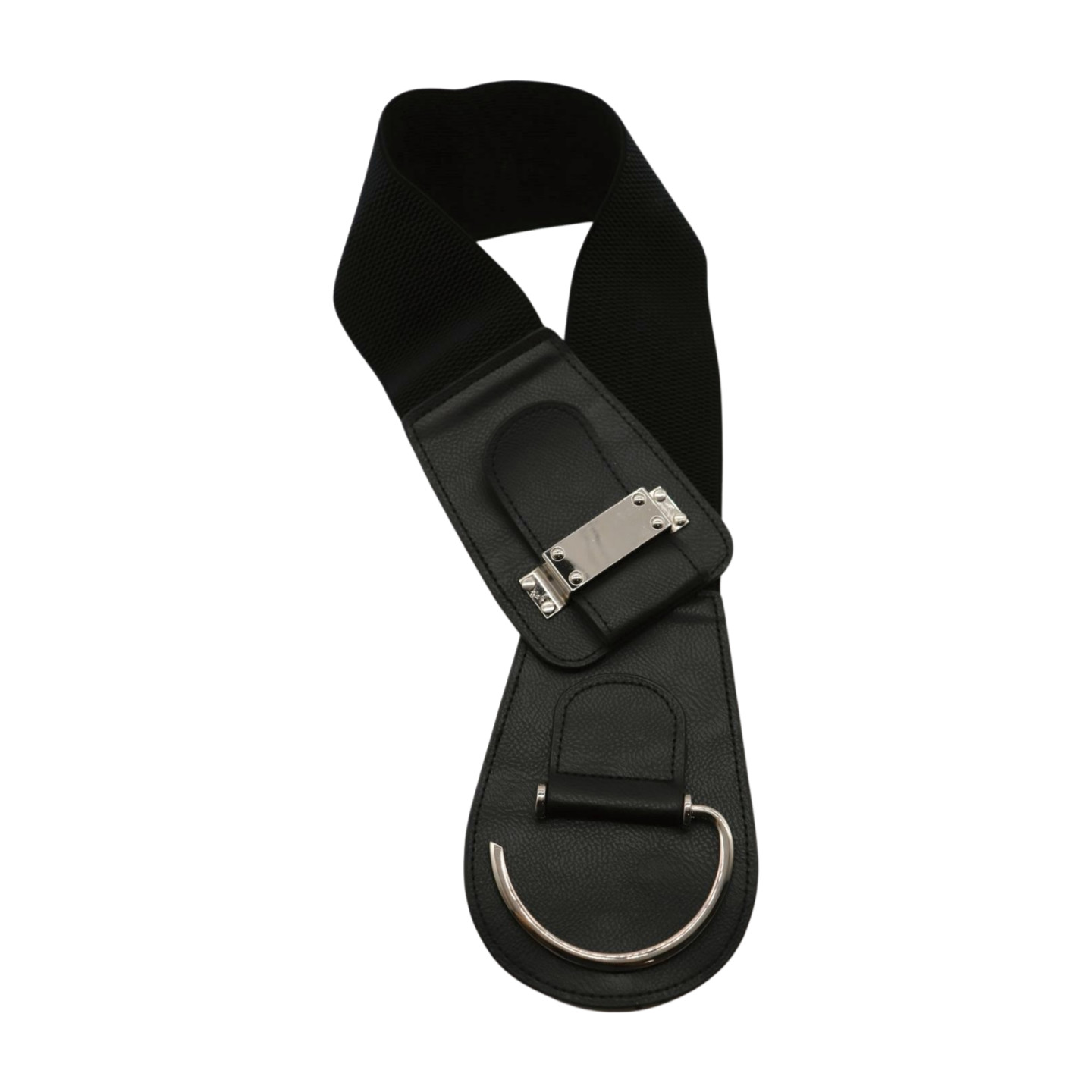 Women Black Wide Elastic Fashion Hip Waist Belt SILVER Metal Hook Buckle Fit S M
