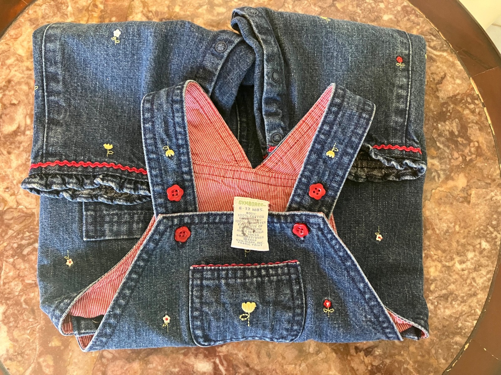Gymboree 2003 Home on the Range denim jean tulip embroidered lined overalls 6-12
