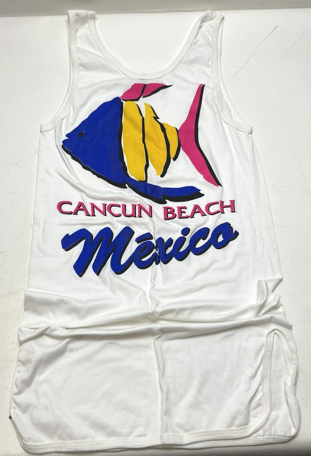 Vintage Cancun Beach Fish Graphic One Piece Tank Shirt Dress Cover Up One Size