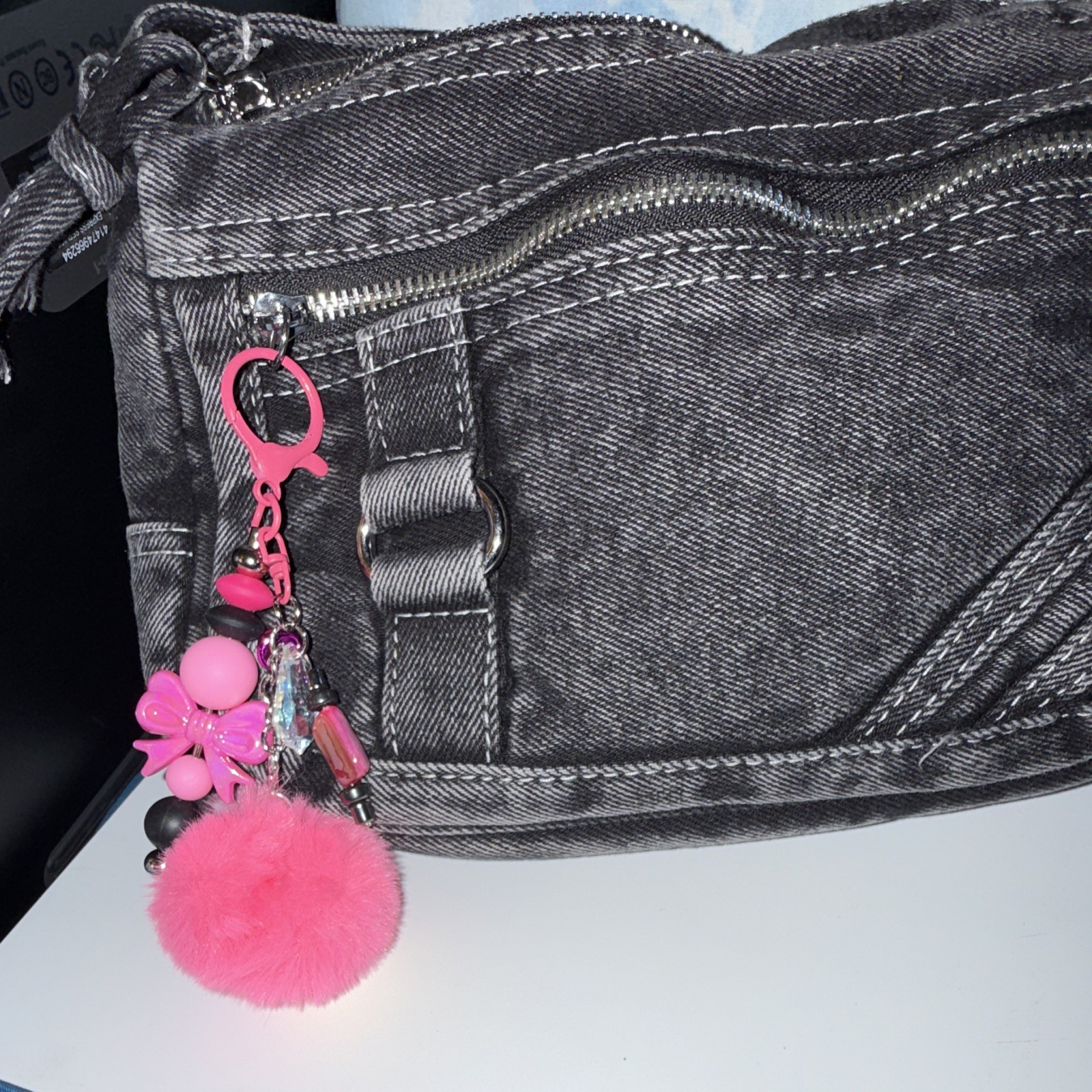 Pink Beaded Bow & Pom Pom Key Chain/Bag Charm w/Detachable Clip Keyring