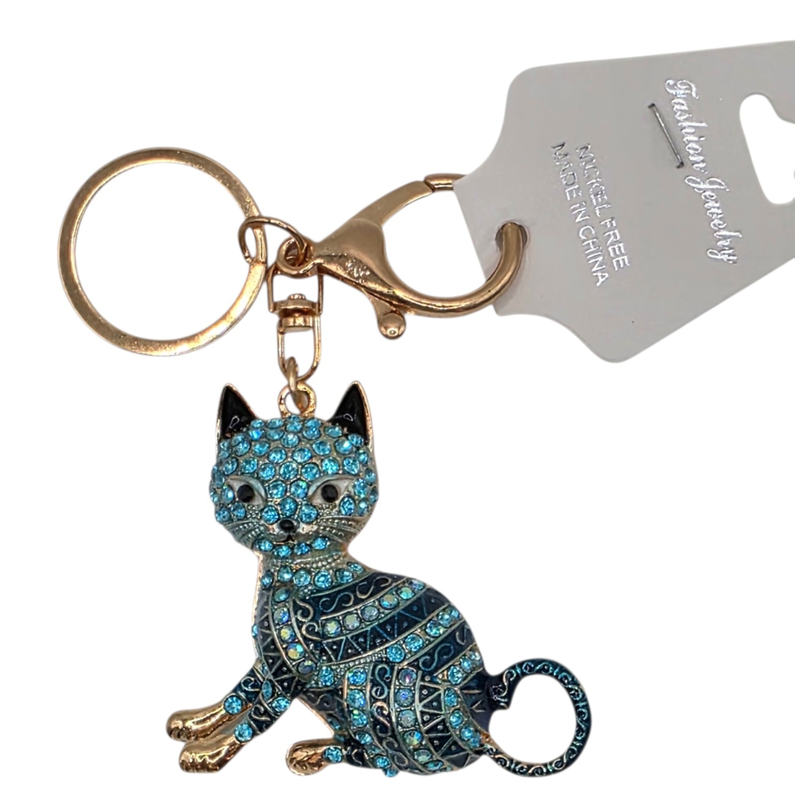 Fashion Jewelry Rhinestone Cat Key Chain Keyring Bag Charm Gold Tone Blue 2 in