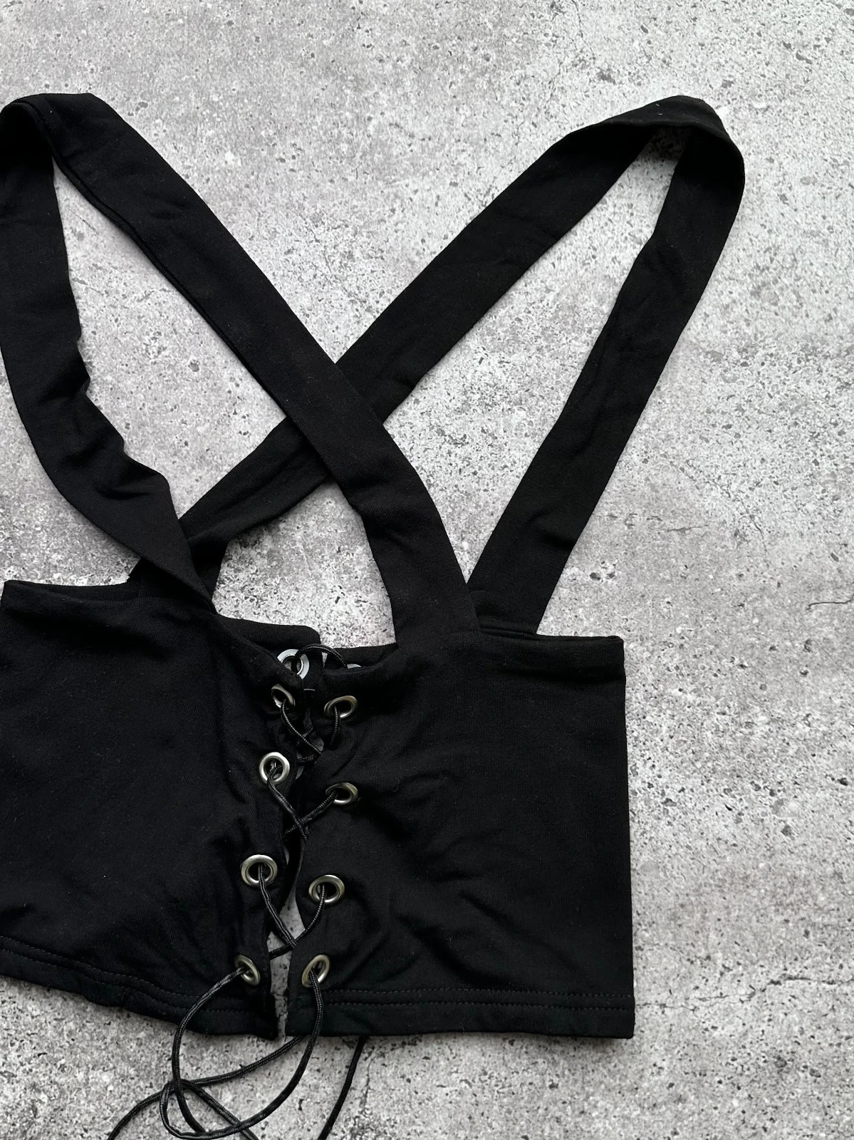 Y2K Black Lace Up Bustier Crop Top Women’s Strappy Stretch Clubwear Vintage