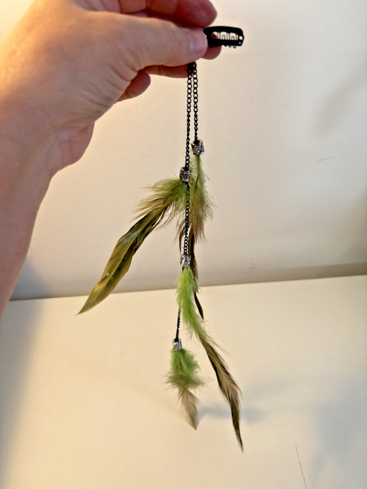 Hair CLips Decorative Hair Clip Green Feathers Silver Beads 1PCS