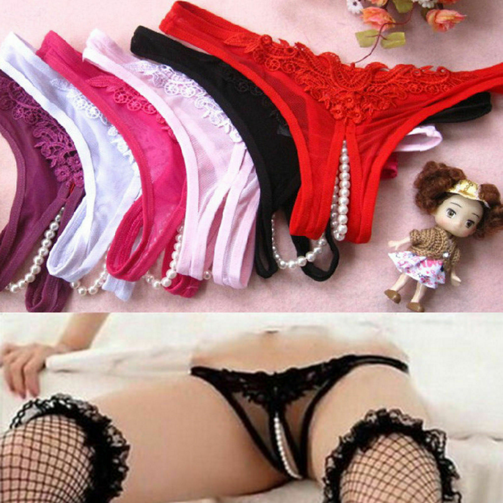 Women Sexy Lace Pearl Briefs Lingerie Knickers G-string Thongs Panties Underwear