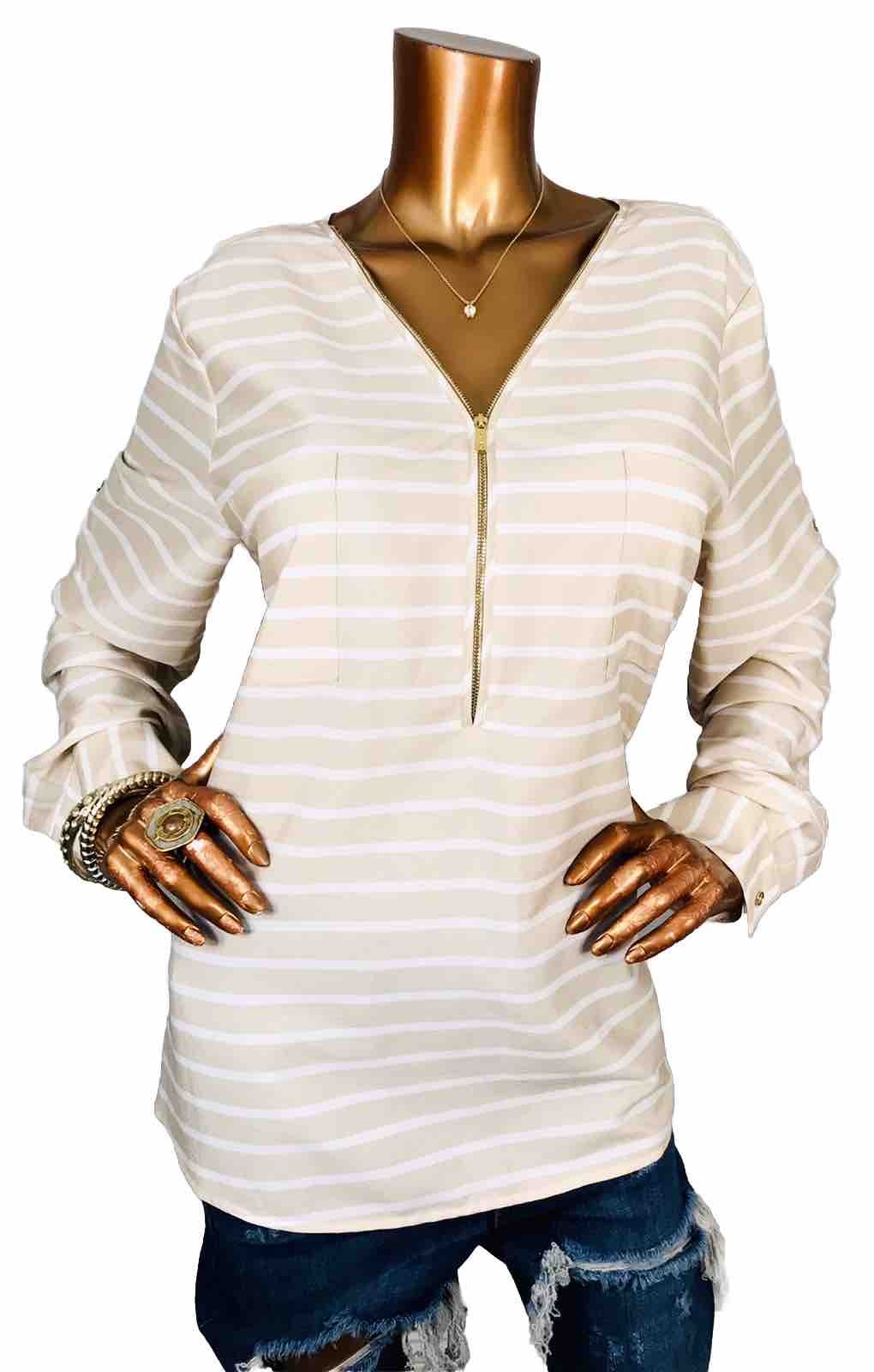 Calvin Klein XL Top Striped CK Logo 1/2 Zip Up Shirt Blouse Low Cut Silky Sheer
