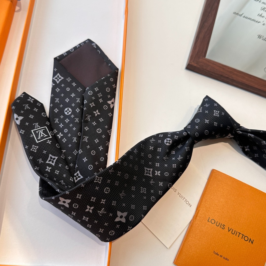 L.V. Paris Designer Silk Tie Black Grey Monogram Pattern Luxury Necktie w/ Box