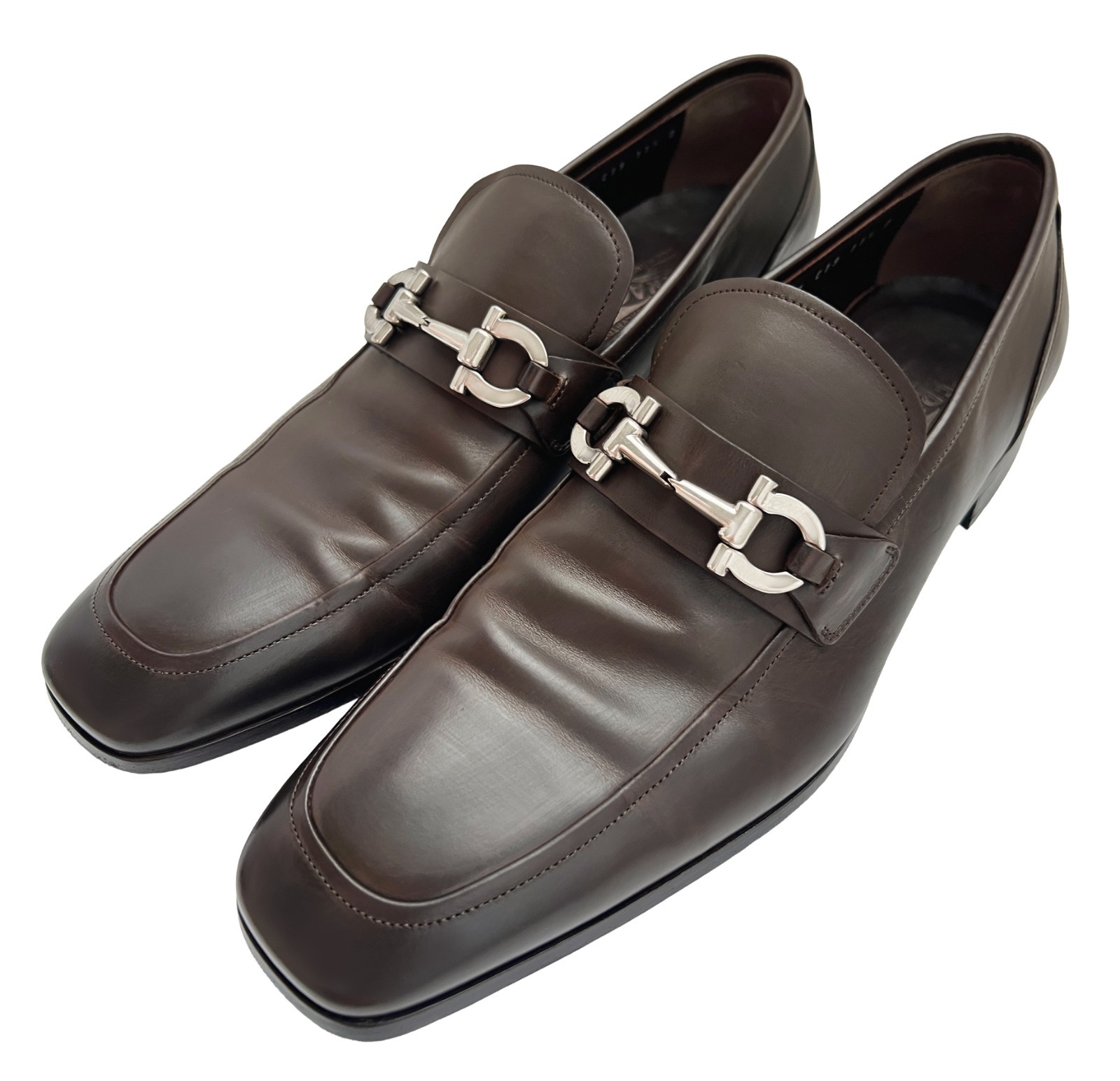 $1050 Ferragamo Mens LORENZO Brown Shoes Gancini Silver Bit Loafers 11.5 D