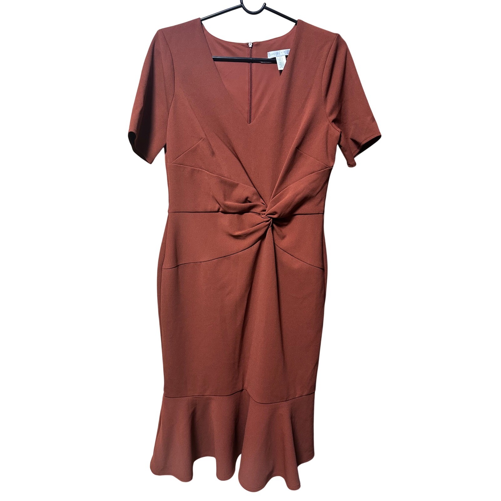 London Times Rust Twist Front Midi Dress 10 VNeck Mermaid Hem Cocktail Career