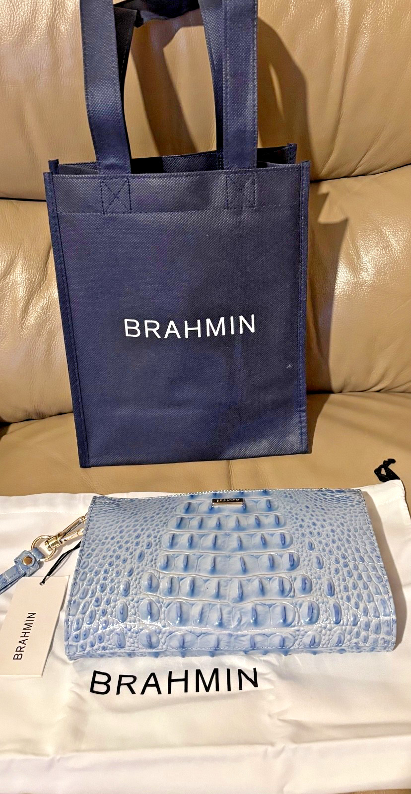 NEW – BRAHMIN DAISY DAISY, BLUE OMBRE CROCODILE LEATHER CLUTCH WITH DETACHABLE