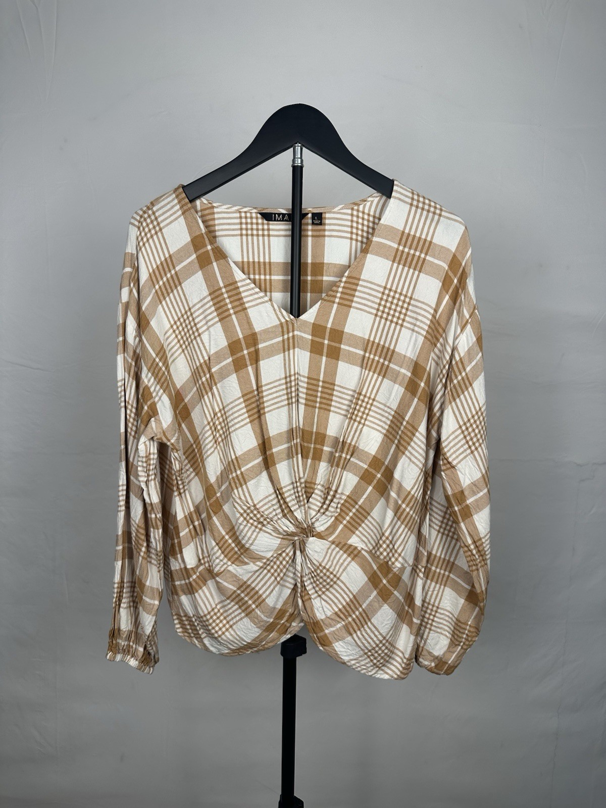 IMAN Beige/White Plaid V-Neck Twist Front Rayon Woven Blouse Long Sleeve L