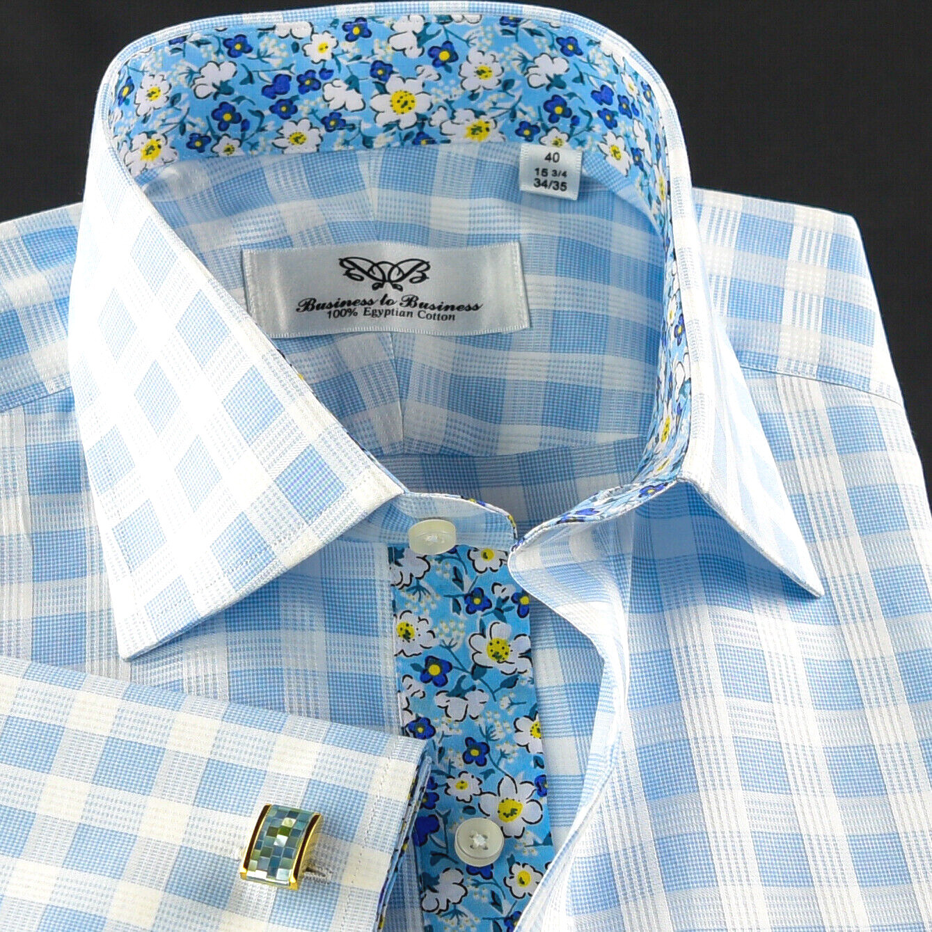 Blue Check Formal Business Dress Shirt Wih Cool Floral Inner Lining French Cuffs