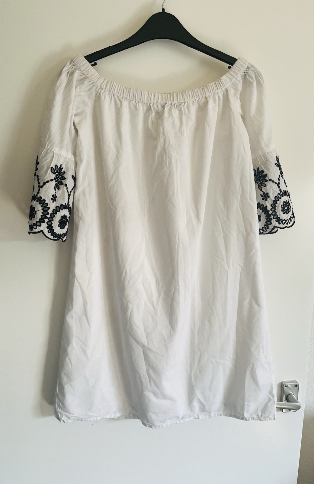 Dorothy Perkins White Bardot Top UK 8 Embroidered Sleeves 100% Cotton Lined Boho