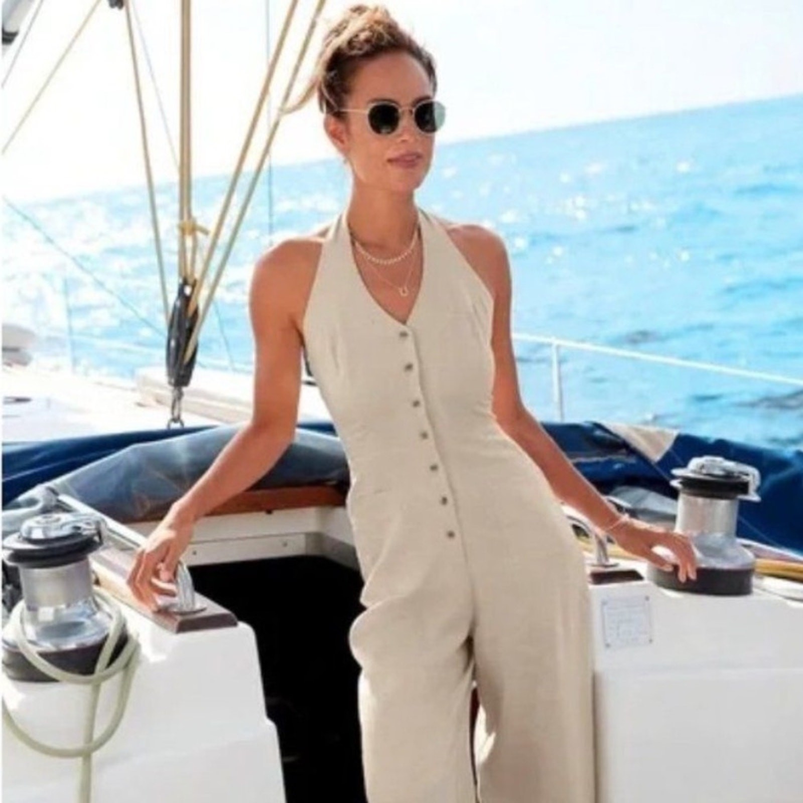 Urban Outfitters Linen Blend Halter Style Jumpsuit | Natural Oat | Small