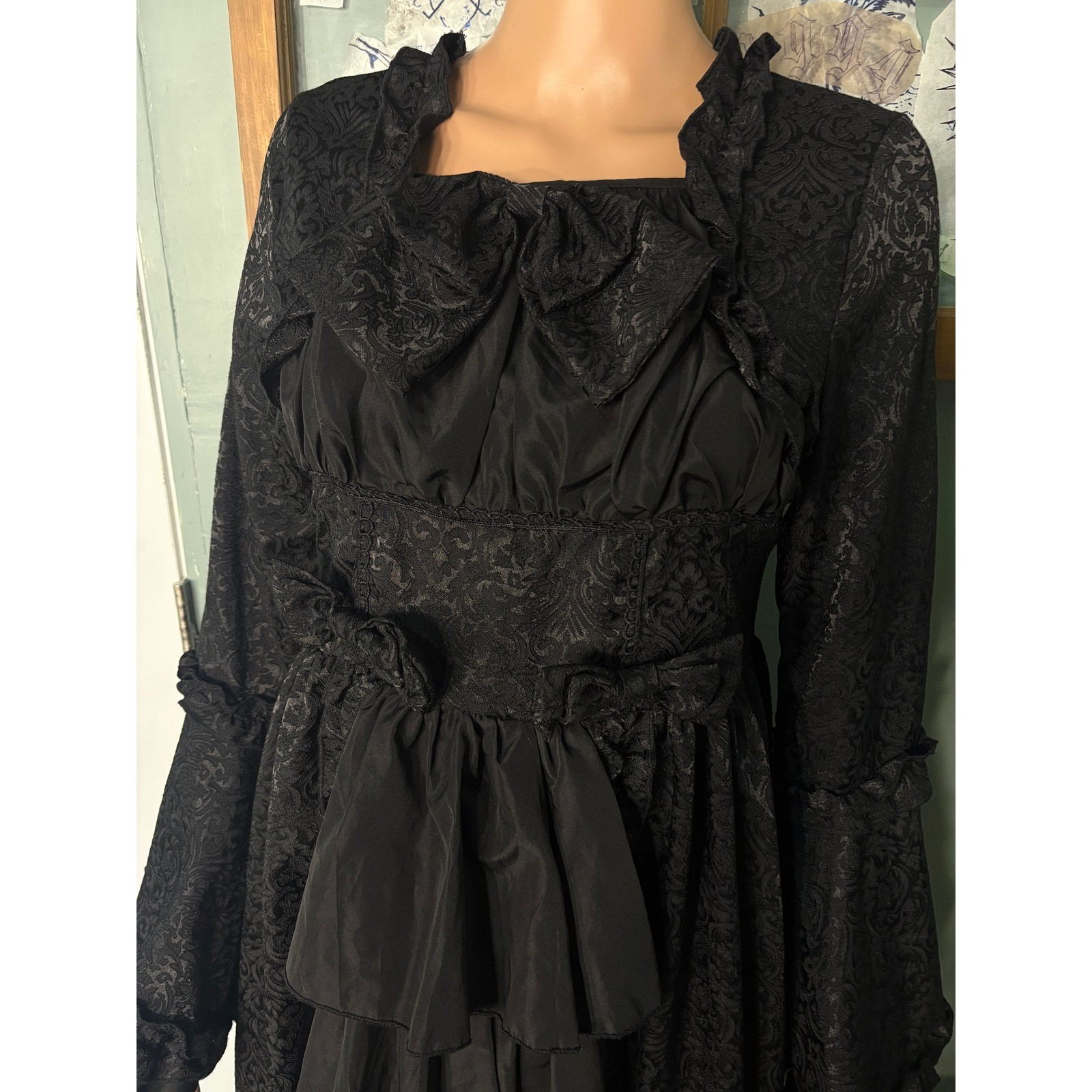 Victorian Black Damask Jacquard High Low Ruffle Bell Sleeve Dress Bows