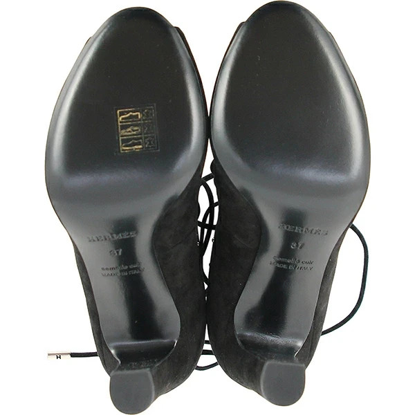 New Auth HERMES Short boots Parade Velor Black Sandals 37 size Women Bootie