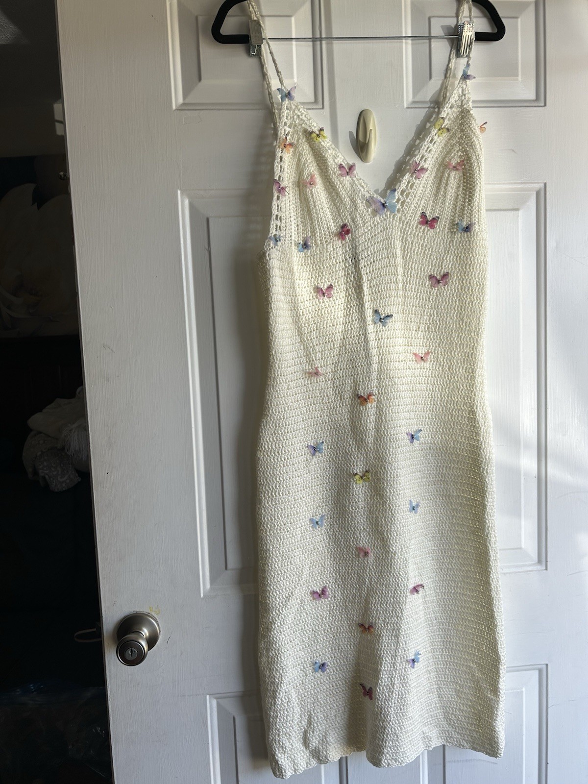Fashion Nova Ivory Crochet Butterfly Midi Slip Dress V-Neck Strappy L Acrylic