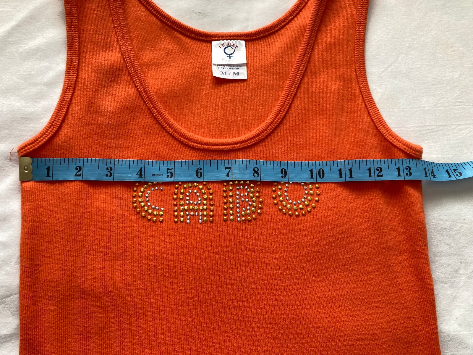 Vtg Orange Ribbed Cotton Sleeveless Tank Top Crew Neck Slim Fit Embellished Sz M