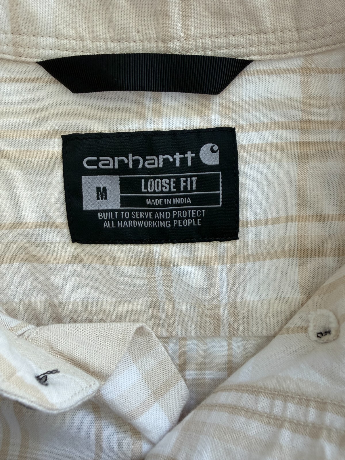 Carhartt Shirt Mens M Beige White Outdoor Button Up Loose Fit Plaid Work Shirt