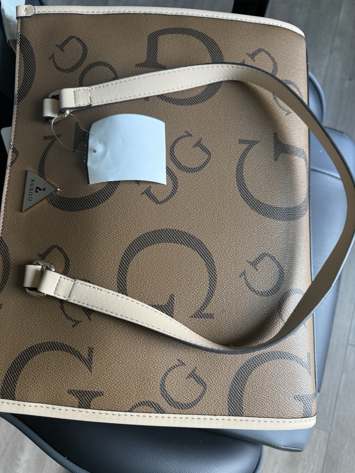 GUESS Large Brown Monogram Tote Beige Double Handles Open Top Gold Hardware