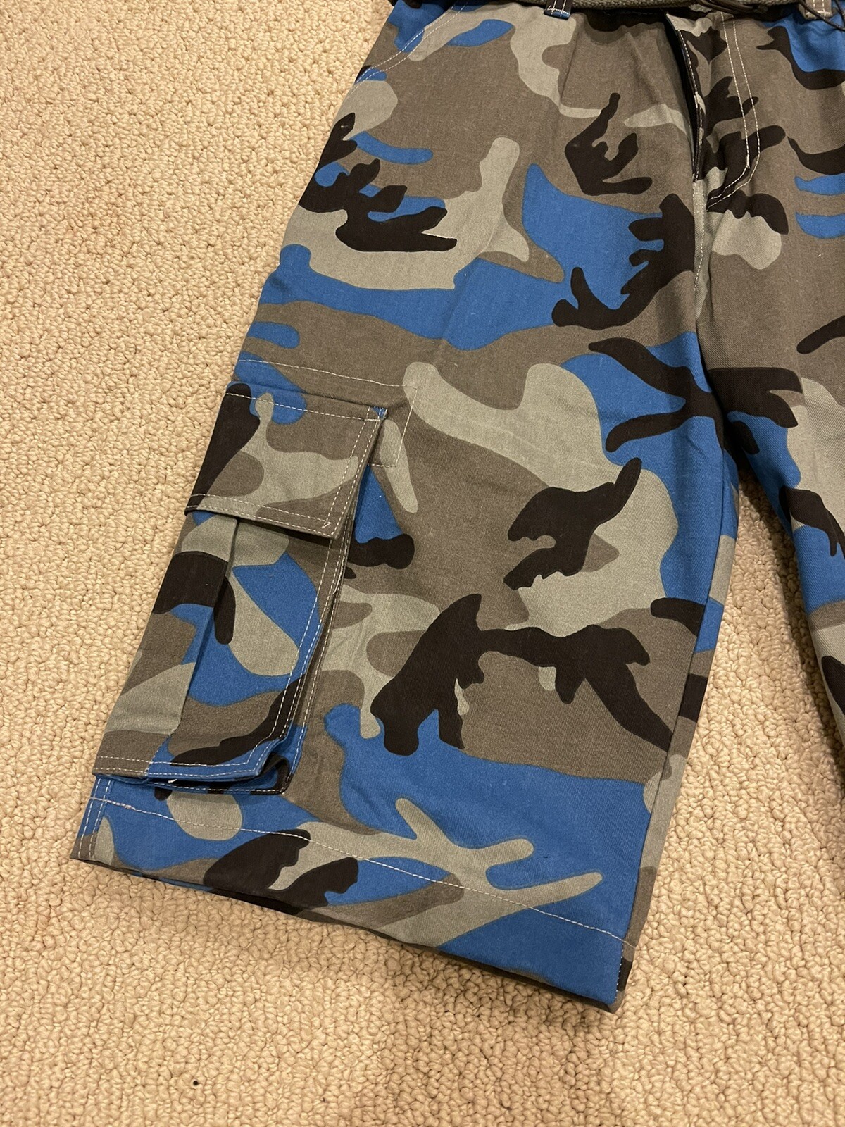 NWT Men’s Nathan Blue Grey Camouflage Camo Belted Cargo Pocket Shorts ALL SIZES