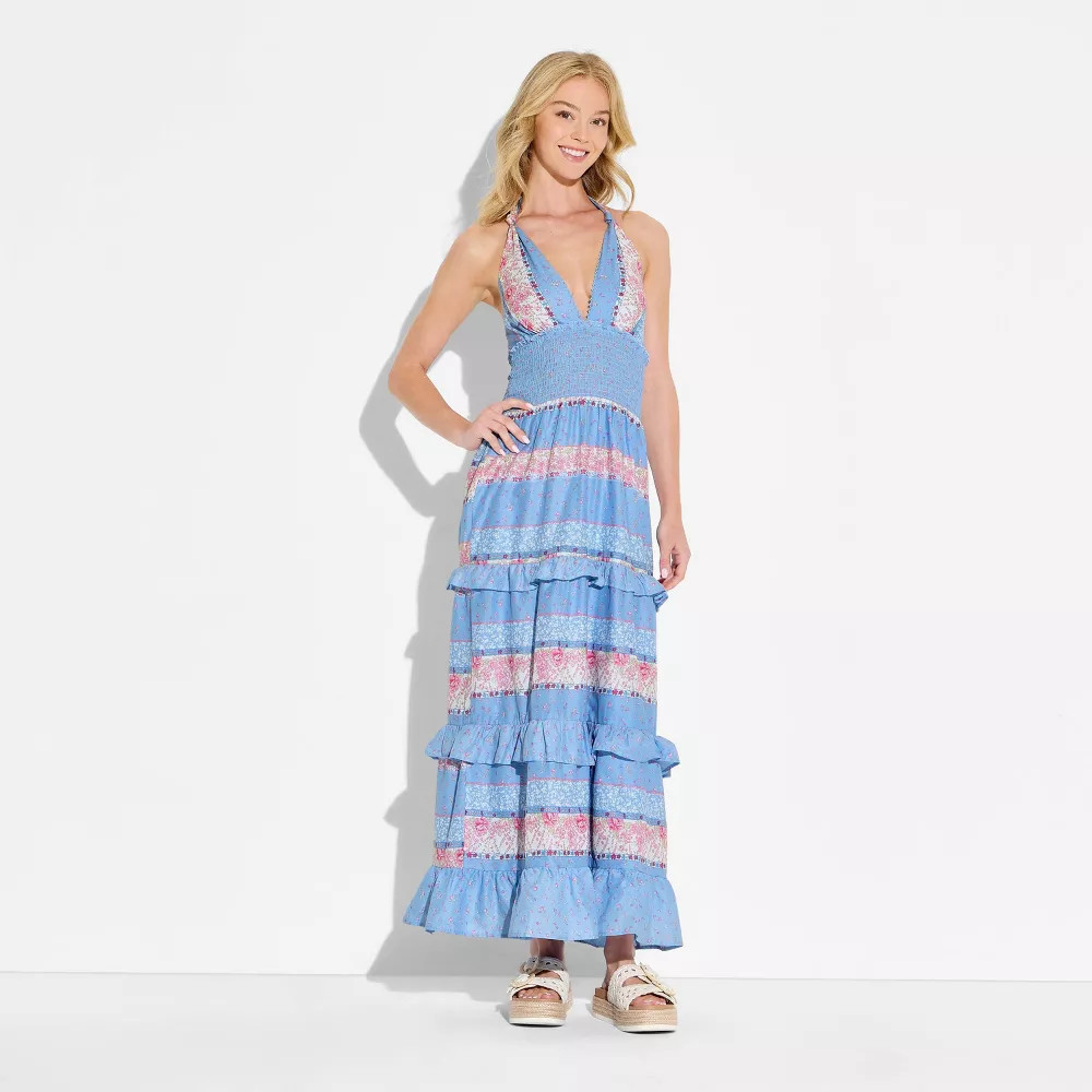 Women Tiered Ruffle Maxi Dress – Wild Fable Blue Floral L