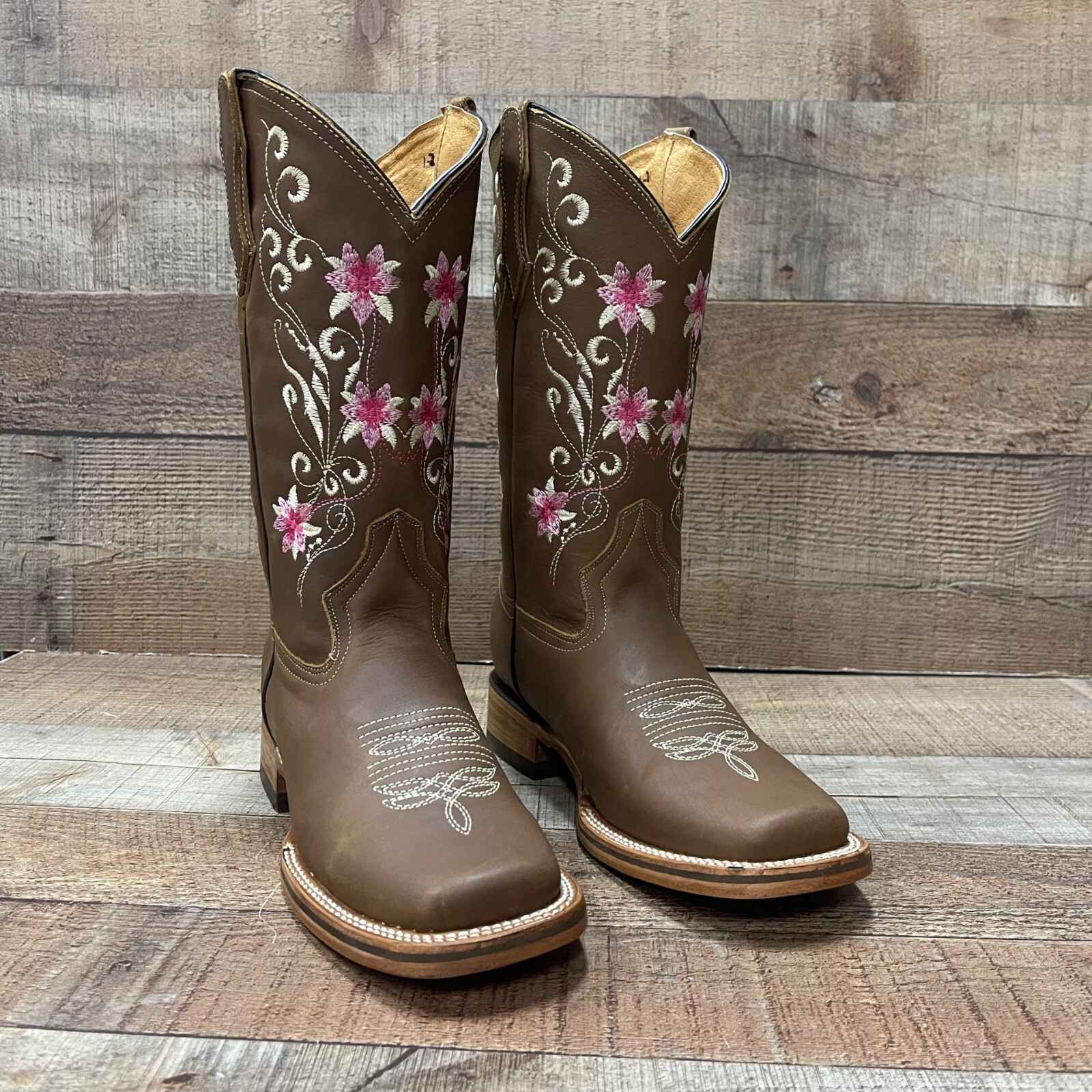 Women’s Western Rodeo Square Toe Cowgirl Boots Pink Flowers Nobuck Flor Rosa 804