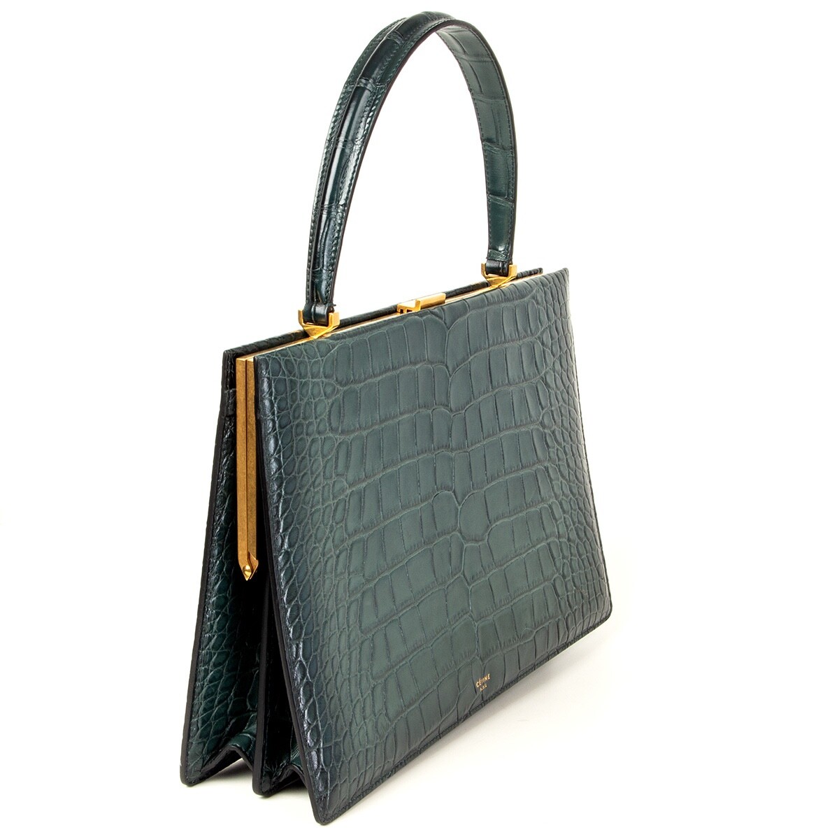 63581 auth CELINE Cypress green CROCO MEDIUM CLASP Top Handle Bag